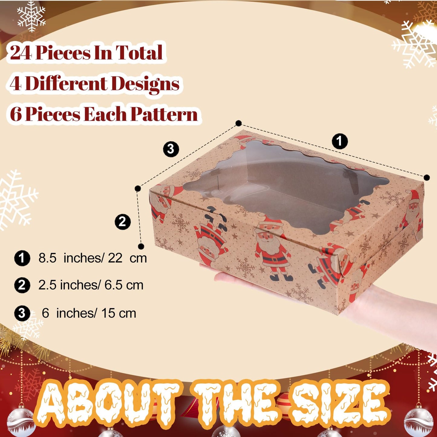 Gersoniel 24 Pieces Christmas Cookie Boxes with Window 8.5 x 6 x 2.5 Inch Kraft Christmas Treat Boxes for Gift Giving Holiday Cookie Containers Tins Cupcake Box for Gift Donut Xmas Party Supplies