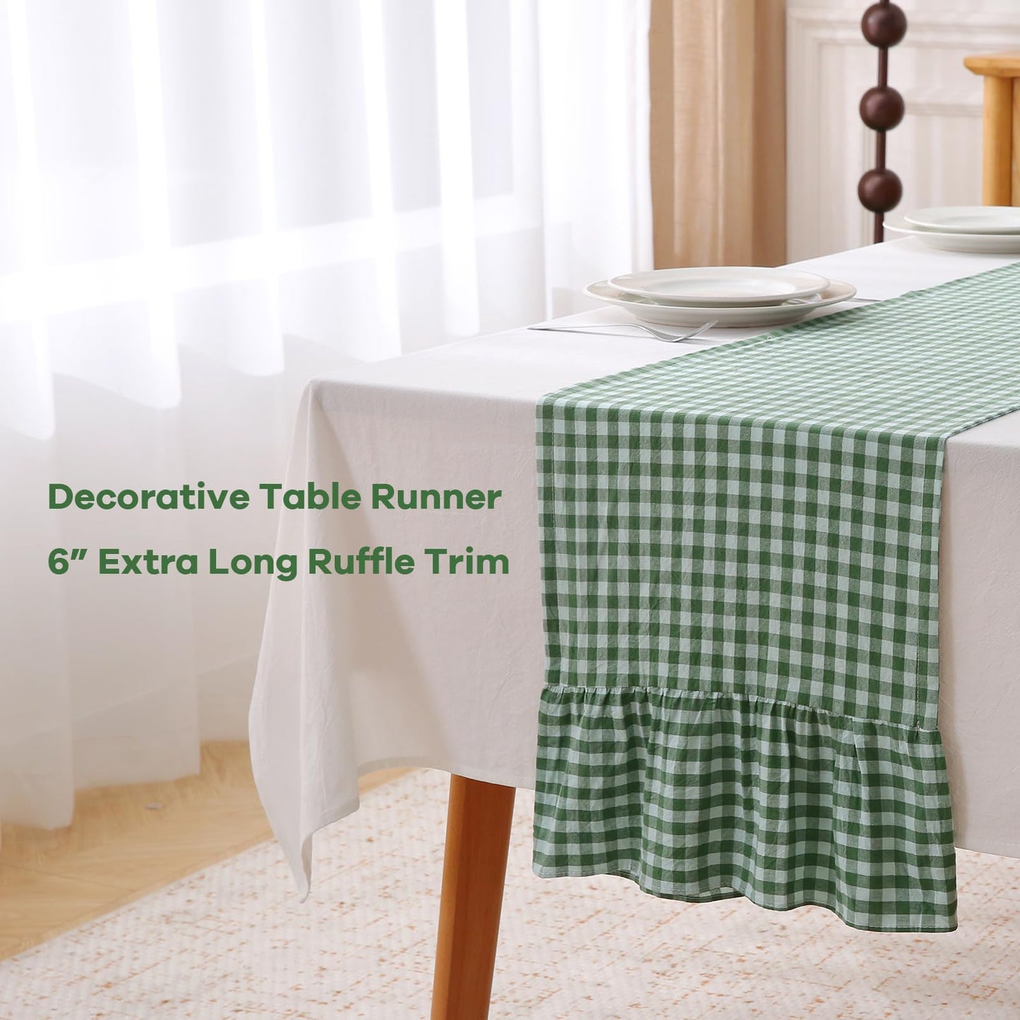 Christmas Green White Plaid Gingham Ruffle Table Runner 120 inches Long Christmas 100% Washed Cotton Decorative Farmhouse Cabinet Cover (Green, 120"x13")