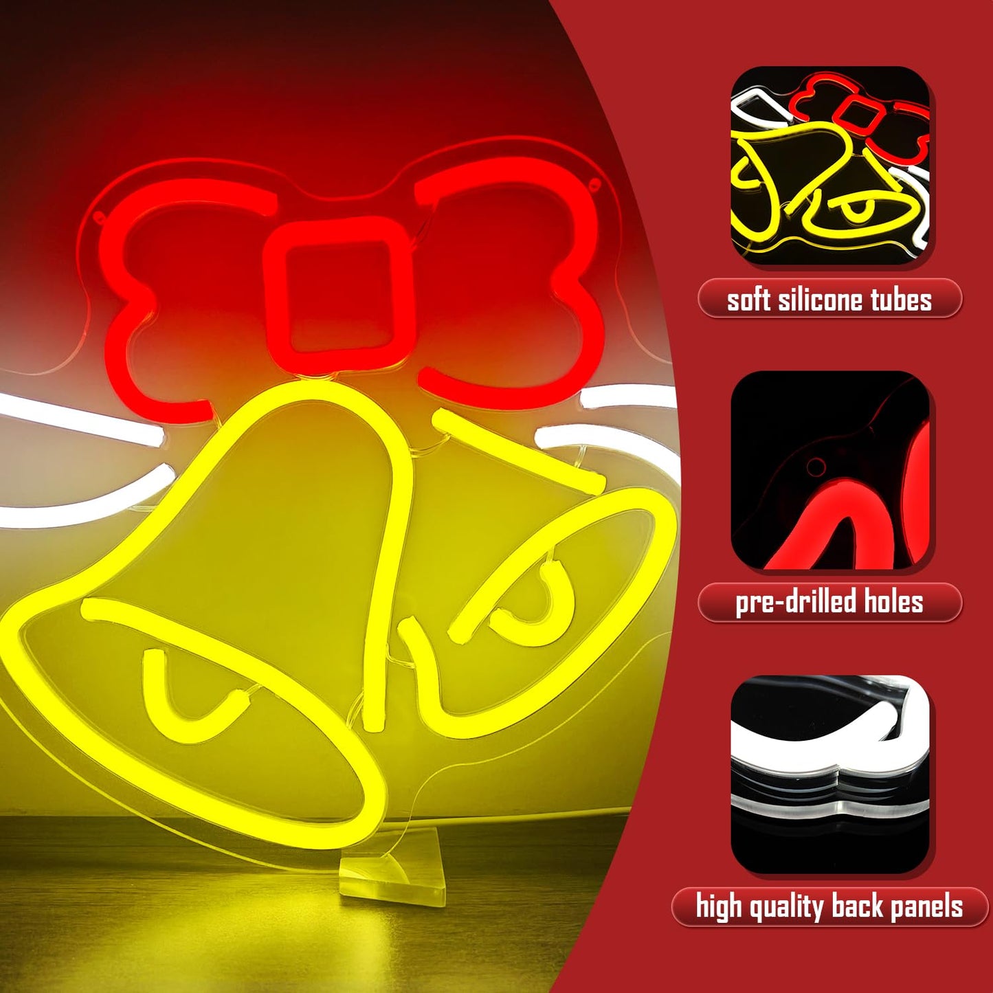 Christmas Neon Sign for Wall Decor Bell Shape Led Neon Signs Dimmable Jingle Bell Neon light for Bedroom Kids Room Bar Xmas Light up signs for Christmas Gifts Party Decor