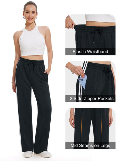 Tapata Extra Tall Woman 36" Inseam Stripes Sweat Pant High Waisted Drawstring Gym Exercise Lounge Joggers, Black, S