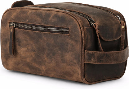 Leather Toiletry Travel Bag with Waterproof Lining, Large Capacity Vintage Dopp Kit, Shaving & Cosmetic Organizer for Men & Women - Brown