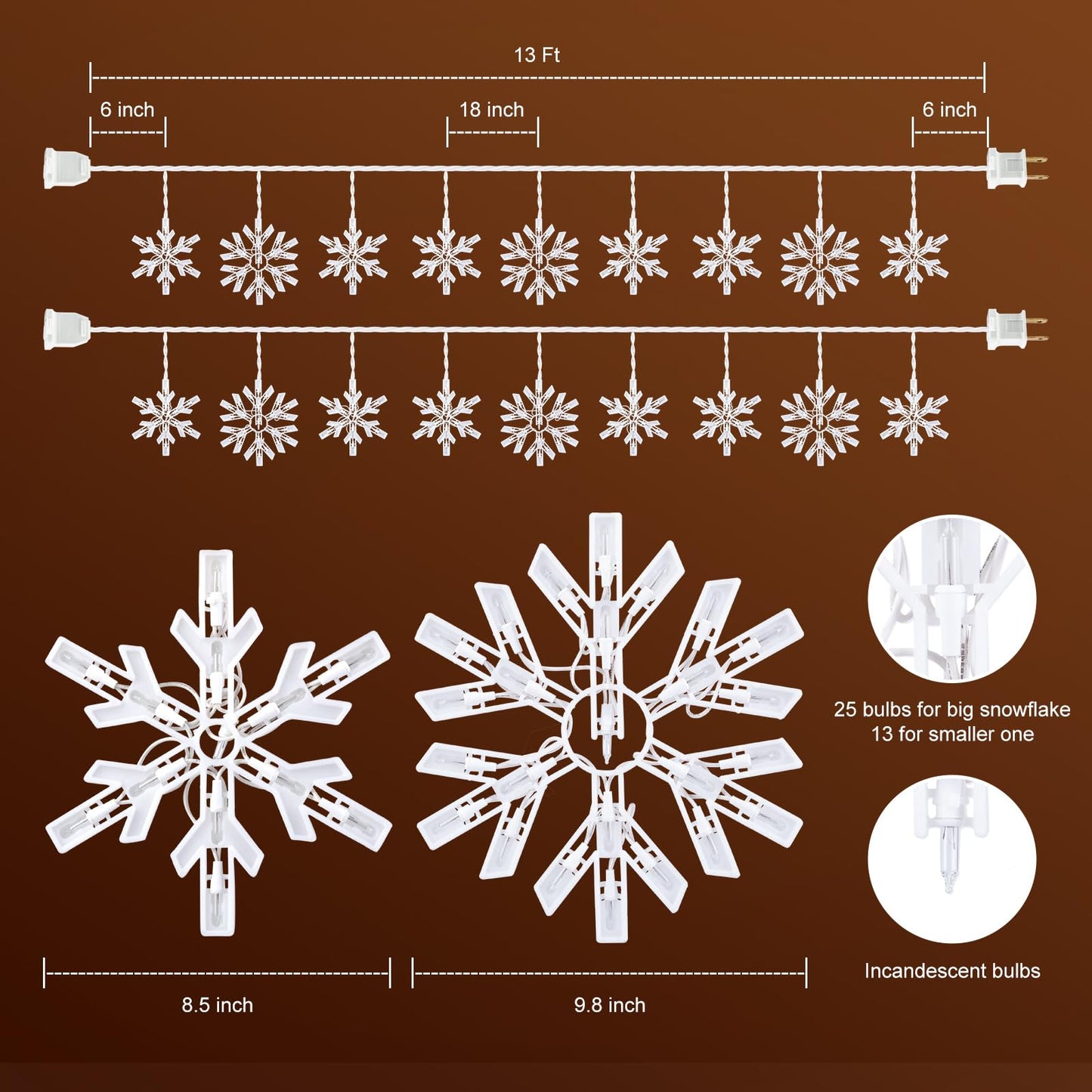 Snowflake Christmas String Lights with 9 Drops - 13ft 150 Mini Bulb Icicle Lights with Hooks, Plug-in Connectable Hanging Lights for Christmas Home Indoor Outdoor Party Wedding Holiday Décor, 2 Pack