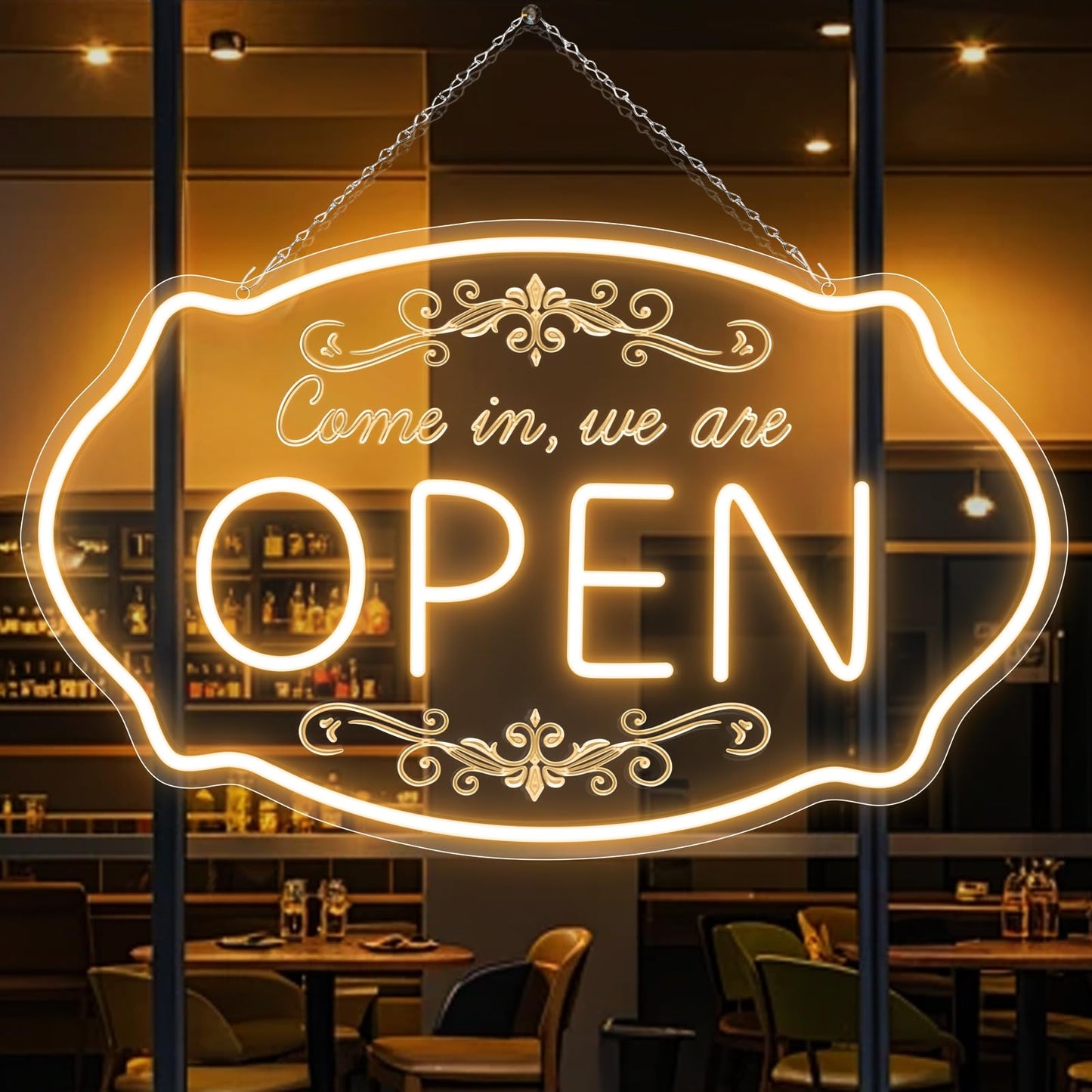 LED Neon Open Sign for Business, 23.5x14'' Come in We’re Open Sign, Warm White Adjustable Brightness Neon Lights for Party, Bar,Salon, Stores, Hotel, Wall Decor, Clubs, Hotels
