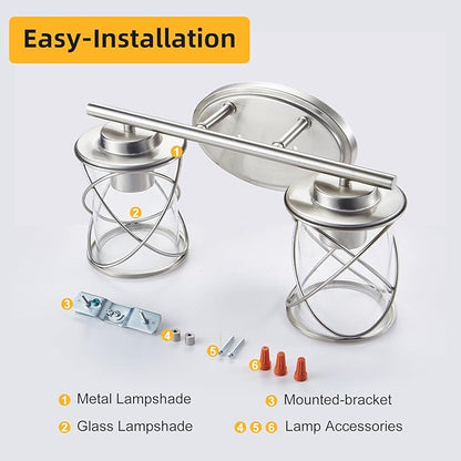 Mavcadonf Modern Vanity Lights - 2 Lights Over Mirror, Brushed Nickel with Cage Shade, Bathroom & Bedroom Wall Lamp