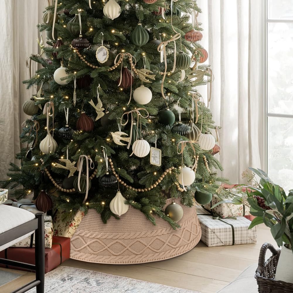 Teeanzo Christmas Tree Collar Skirt,Knitted Beige Diamond Edge Cable Stand Farmhouse Rustic Tree Ring for Artificial Christmas Tree Base Cover Holiday Home Party Decoration