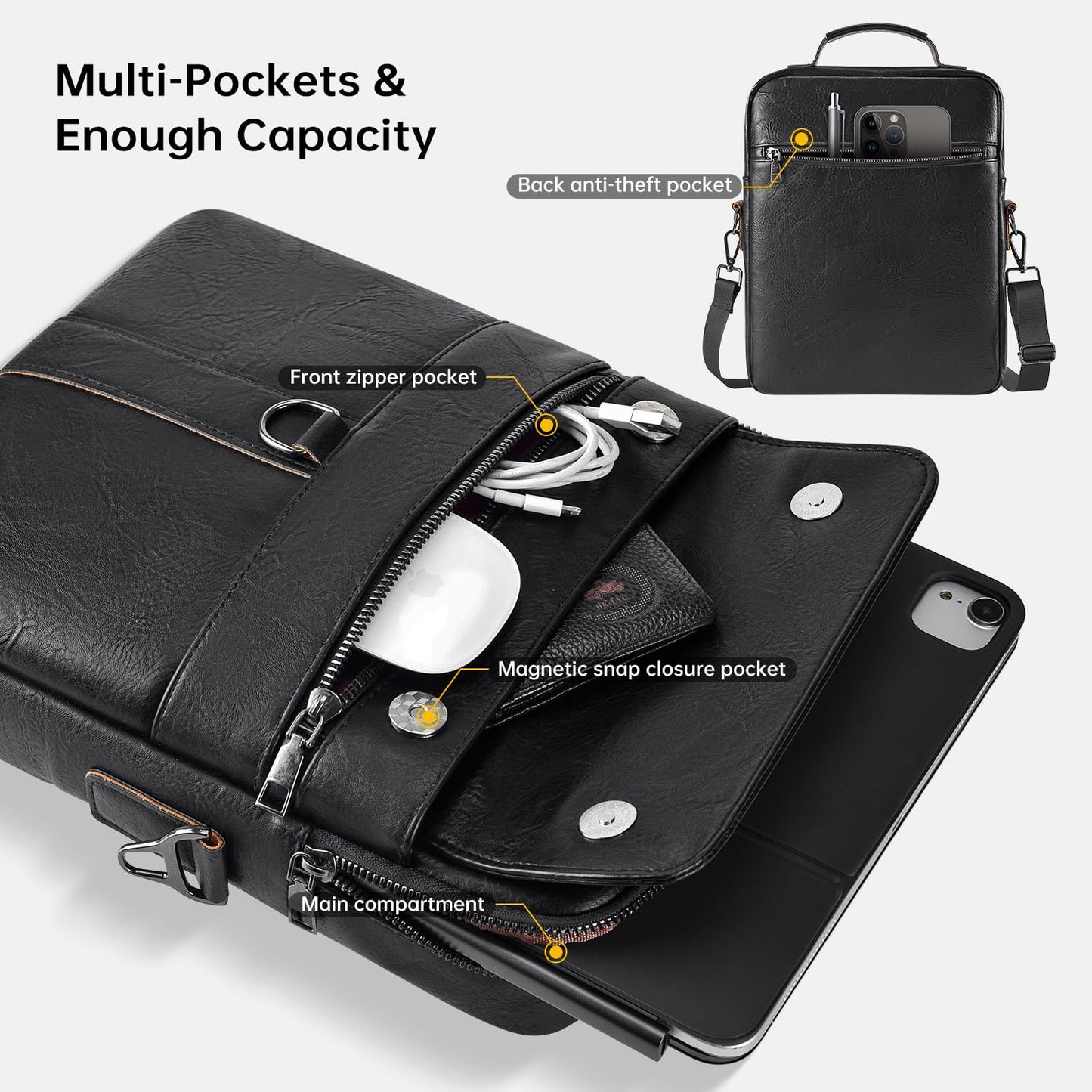 13 Inch Laptop Leather Sleeve for 2026-2022 MacBook Air 13 M5 M4 M3 M2 A3449 A3240 A3113 A2681, 13" MacBook Neo A18, Protective Carrying Bag Shoulder Travel Case with Pockets, Black