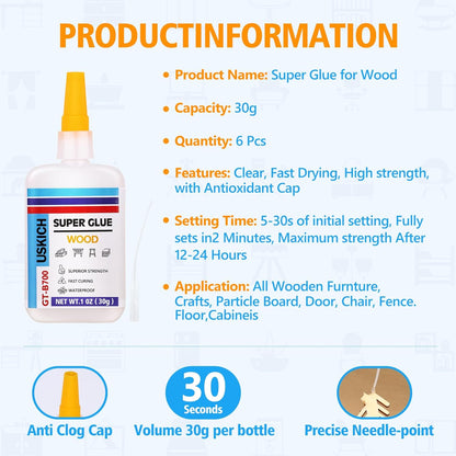 Super Glue for Woodwork with Anti Clog Cap. 6 x 1 fl oz,CA Glue - Clear Adhesive Cyanoacrylate Glue for Furniture, Garden, Crafts, DIY, Metal to Wood, Quick Dry