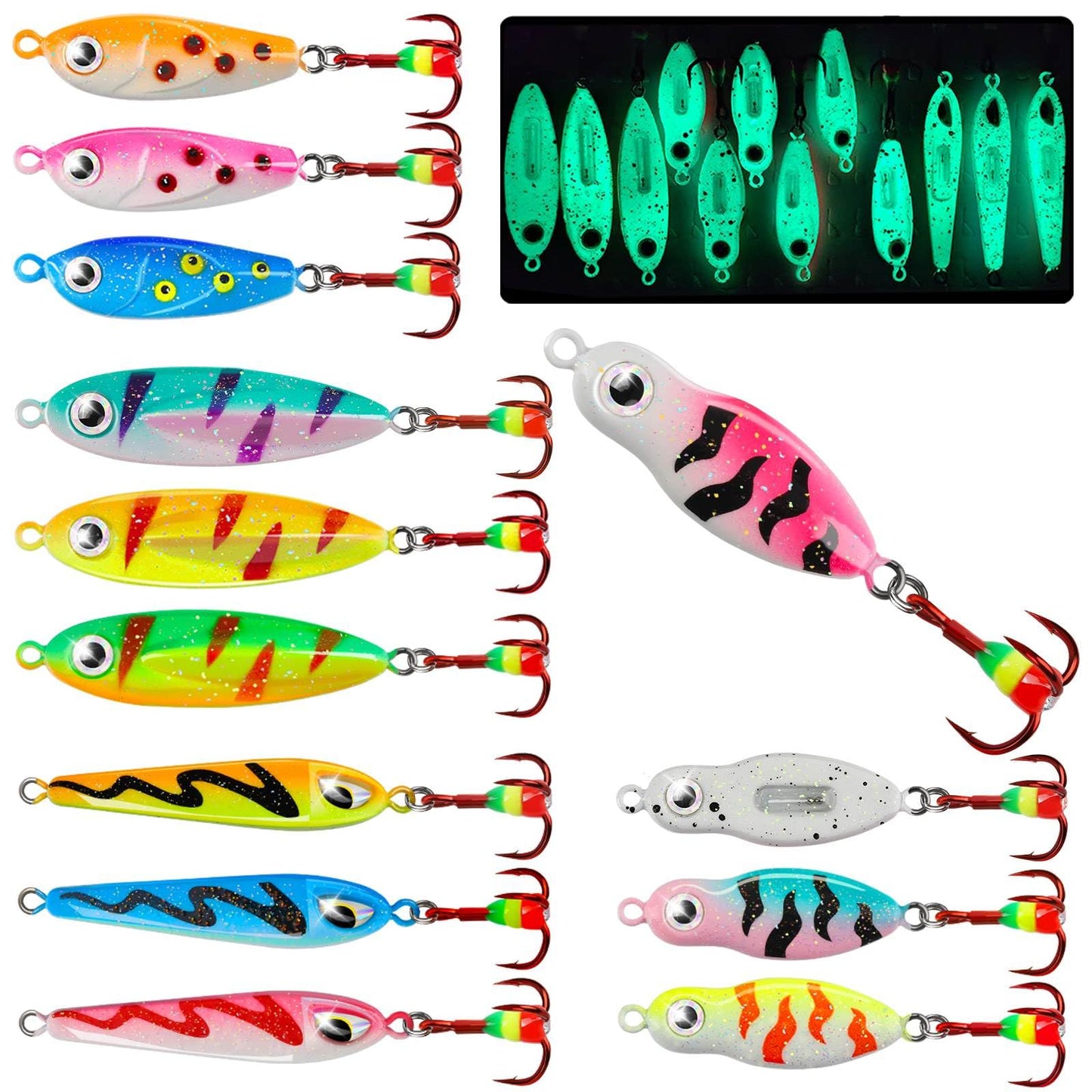 Dovesun Ice Fishing Rattle Spoons Kit Glow Ice Fishing Lures Ice Fishing jigs Accessories Gear Gifts for Walleye Bass Catfish Trout Kit 12PCS