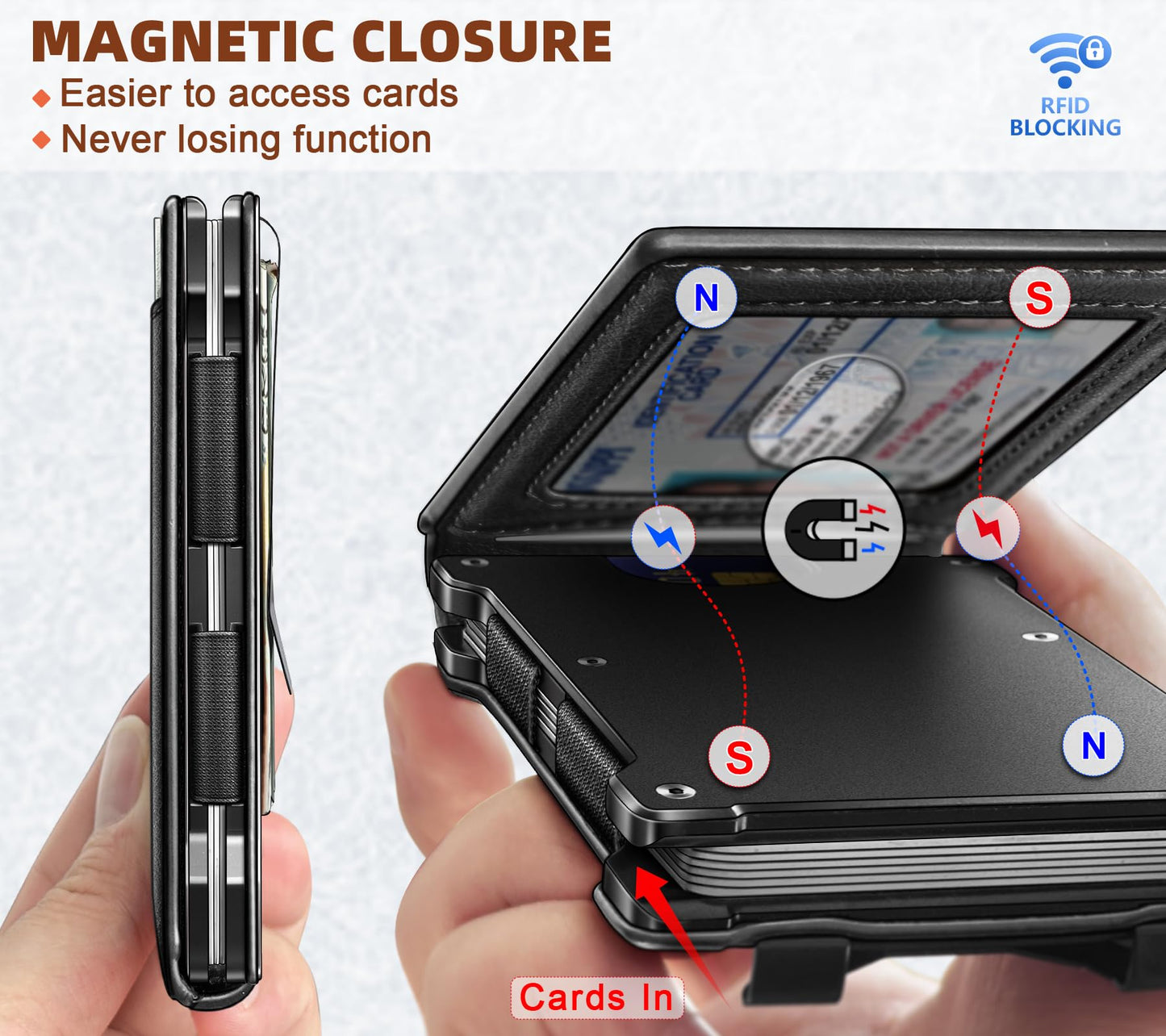 Men's Slim RFID Blocking Wallet Genuine Leather Front Pocket Design with Money Clip Holds 12 Cards Magnetic Flip Case (Black)