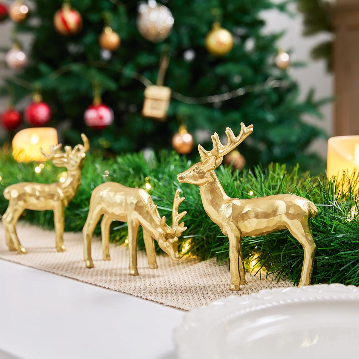 yumhum 3pcs Resin Reindeer Figurines for Christmas Decor Gold Tabletop Reindeer Statues Small Decorative Deer Figurines for Indoor Christmas Tabletop Mantle Decorations