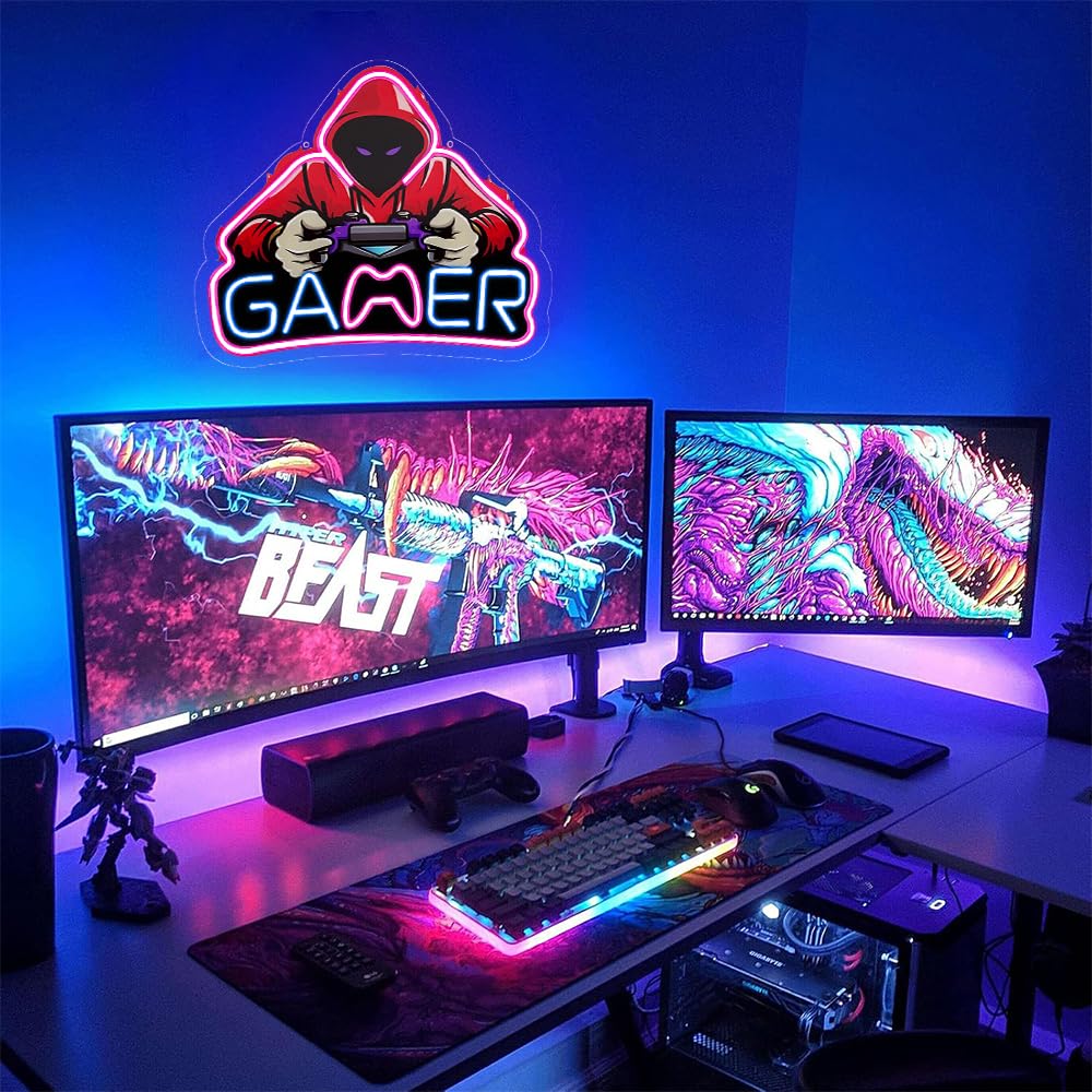 RuCvixkt Gamer Neon Sign for Game Room Decor, Gaming Neon Sign LED USB Power Neon Lights for Boys Bedroom, Man Cave, Gaming Wall Decor, Gifts for Teen Boys, Birthday Christmas