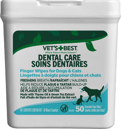 Vet's Best Finger Dental Wipes for Dogs and Cats – Oral Care Wipes for Teeth Cleaning, Fresh Breath, and Tartar Control – Gentle Finger Pads for Pet Dental Hygiene and Plaque Removal – 50 Count