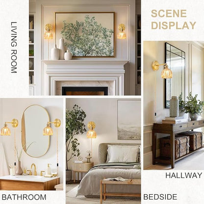 Plug in Wall Sconces Set of 2, Vintage Wall Sconce Light with Tulip Amber Glass Lampshade, 180° Adjustable Wall Sconce with Switch and Plug in Wall Lamp Cord, Gold Wall Light Decor Set of 2
