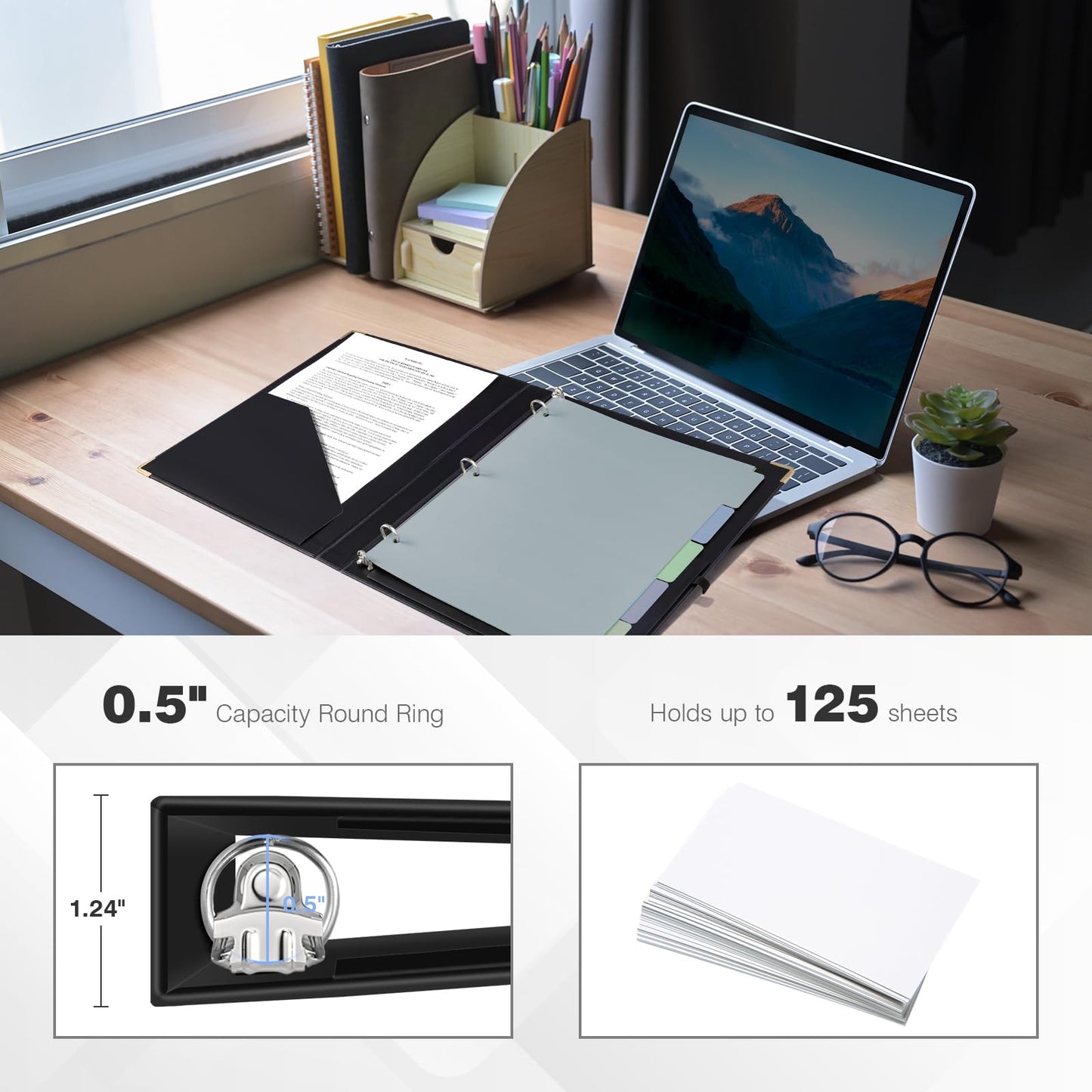 Ospelelf 3 Ring Binder, 1/2 Inch, Cute Letter Size (11" x 8.5") with 5 Tab Dividers, File Folder Labels and Low Profile Clipboards, Black for School and Office