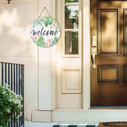 Summer Tropical Welcome Palm Leaf Sign for Front Door Wooden Green Palm Leaves Flower Door Signs Summer Floral Round Door Hanger for Wall Home Office Decorations