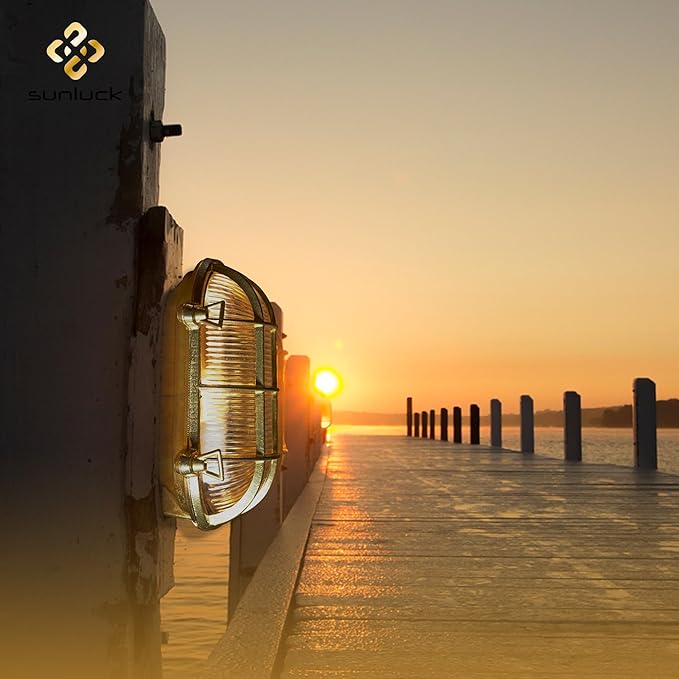 Sunluck Brass Bulkhead Light,Grid Oval Nautical Wall Sconces,Lampshade,Ceiling Mount Lighting,Brass Sauna Light Waterproof IP54,Rust Resistant,for Decoration Cafe,Bar,Porches,Patios,Restaurants