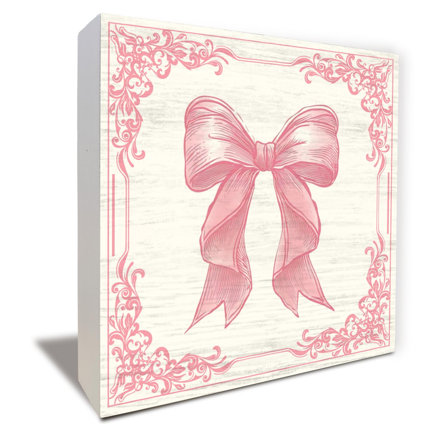 ULEGIE Pink Bow Coquette Wooden Box Sign, Coquette Room Decor, Dorm Room Essentials for Girls, Girly Ribbon Bow for Girls Room Dorm College Bedroom Desk Shelf Tabletop Decoration 5 x 5 Inch