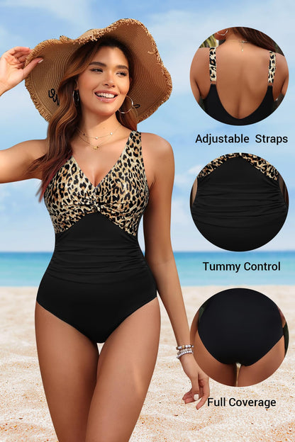 Holipick Black Leopard Women Tummy Control One Piece Swimsuit - Push Up Bathing Suit Full Coverage Slimming Swimwear S