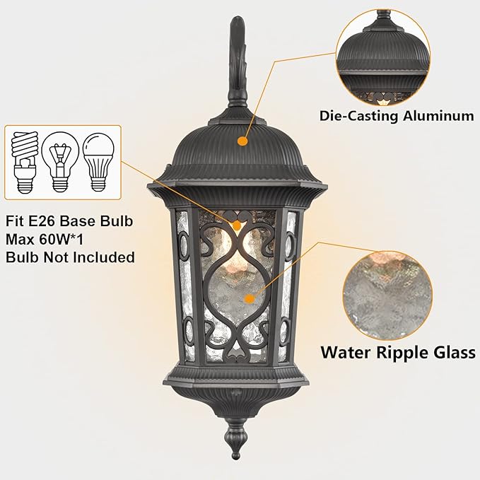 Outdoor Wall Light Fixture Black Exterior Wall Lantern 21" Waterproof Sconce Light Water Glass Shade for Porch Garage