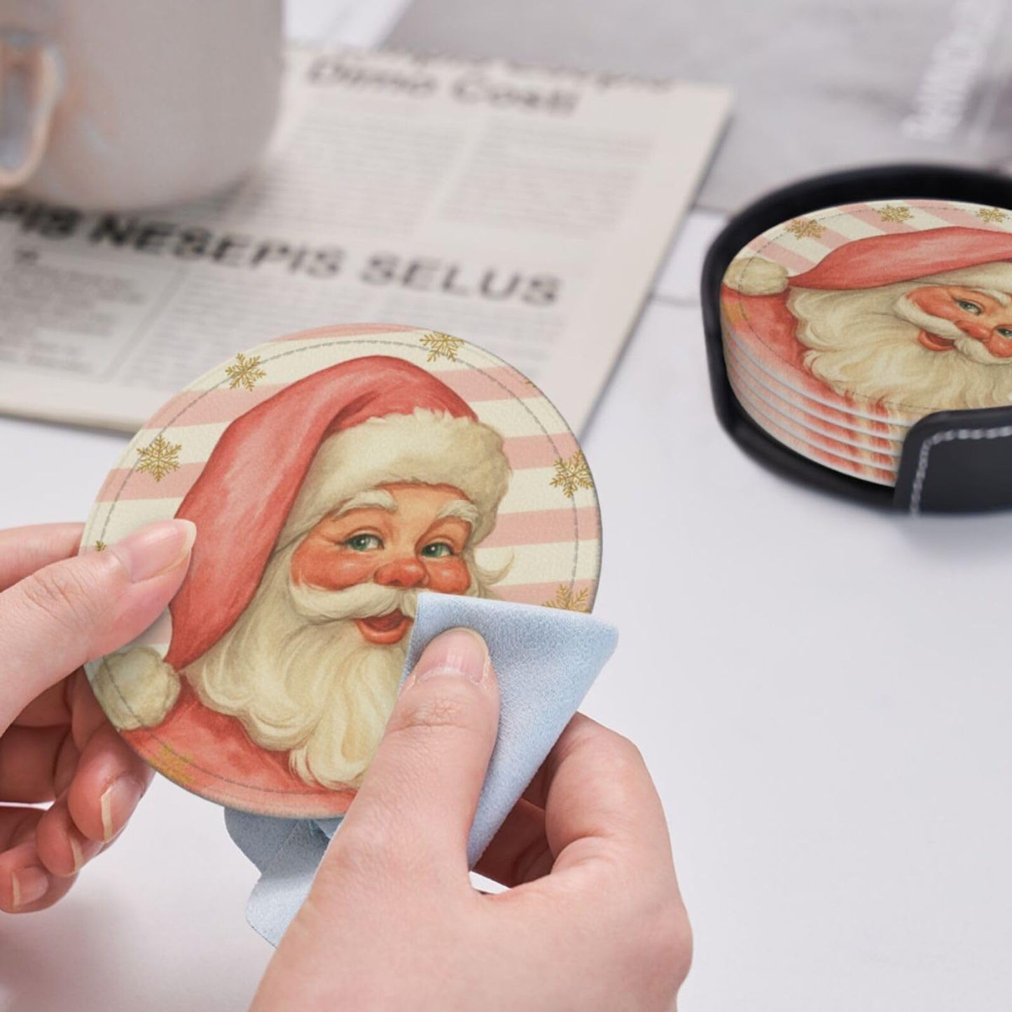 Pink Christmas Santa Claus Striped Coasters for Drinks, Drink Coaster with Holder Set of 6 Round Leather Cup Table Mats for Tabletop Protection Coffee Bar Decor