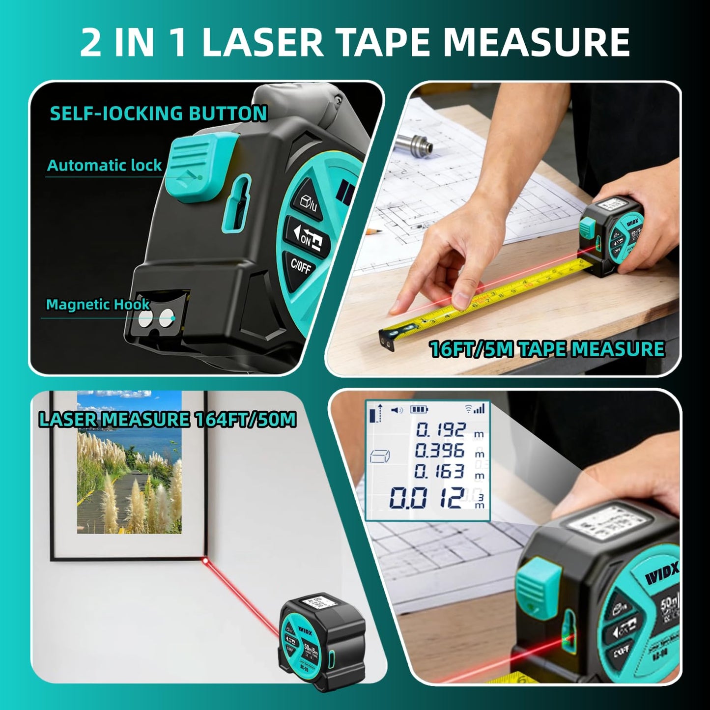 WIDX 2 in1 Laser Tape Measure,164ft Laser Distance Measurement & 16ft Auto-Lock Tape Measure with Magnetic Hook, LCD Display, in/Ft/M Unit, Linear/Area/Volume/Pythagorean for Different Scenarios