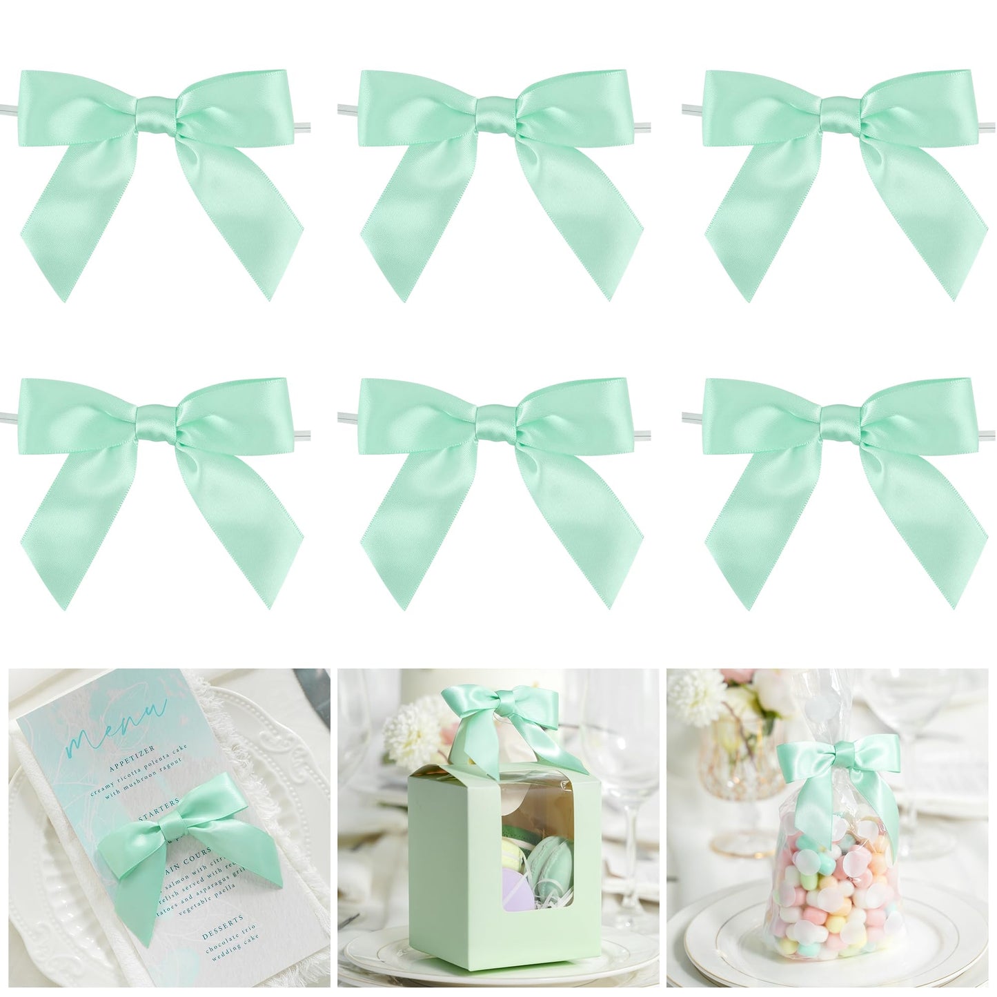 AIMUDI Twist Tie Bows for Treat Bags 3.5" Aqua Blue Satin Ribbon Bows for Crafts Premade Bows with Twist Ties for Crafts Cake Pop Candy Apple Small Bows for Gift Wrapping Wedding Decor, 50 PCs