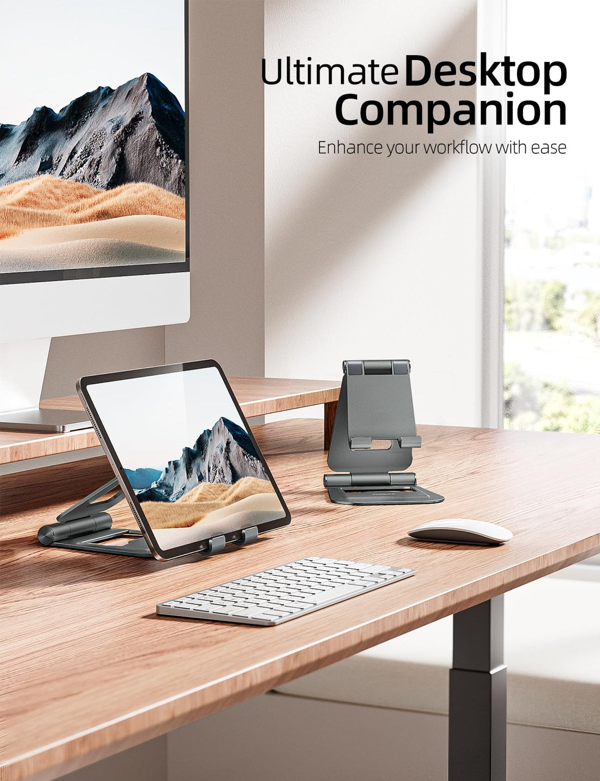 Nulaxy Aluminum Dual Foldable iPad Stand, Fully Adjustable Desktop Tablet Holder, Tablet Accessories for Office Kindle Compatible with Mobile Devices iPad Pro/Air/Mini, iPhone Pro/Max/Plus, Gray
