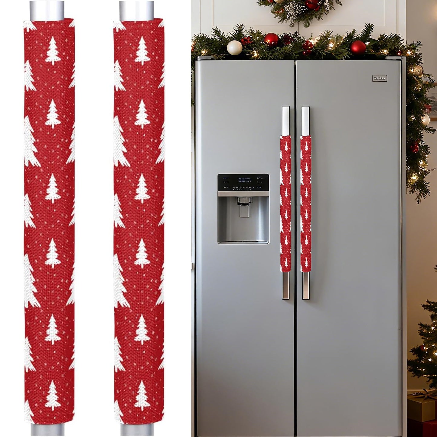 Pardick Christmas Refrigerator Door Handle Covers Set of 2, Christmas Tree Fridge Handle Cover Washable Fridge Dishwasher Oven Door Decor Protector Handle Cover, Keep Your Kitchen Appliance Clean