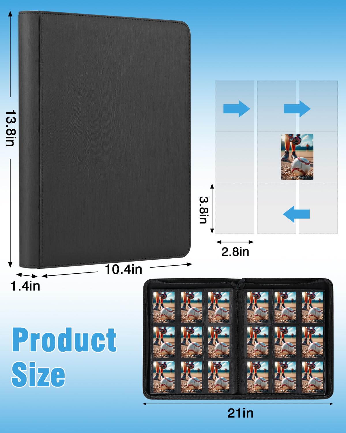 Lzerking 2 Pack Card Binder 1080 Capacity Set with Zipper | 30-Page Per Binder with 9-Pocket Pages PU Leather Card Organizer Storage for Trading Cards, Sports Cards, Game Cards(black)