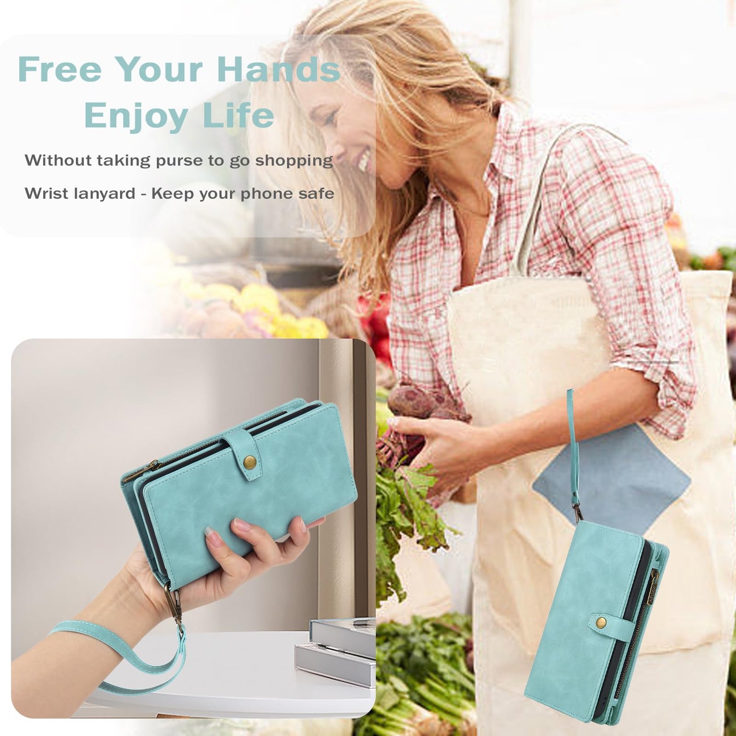TwoHead for Samsung Galaxy S24 Ultra Wallet Case with Card Holder, Detachable Magnetic Phone Case for S24 Ultra,PU Leather All-Round Protective Phone Case Wallet with Wrist Strap,Blue
