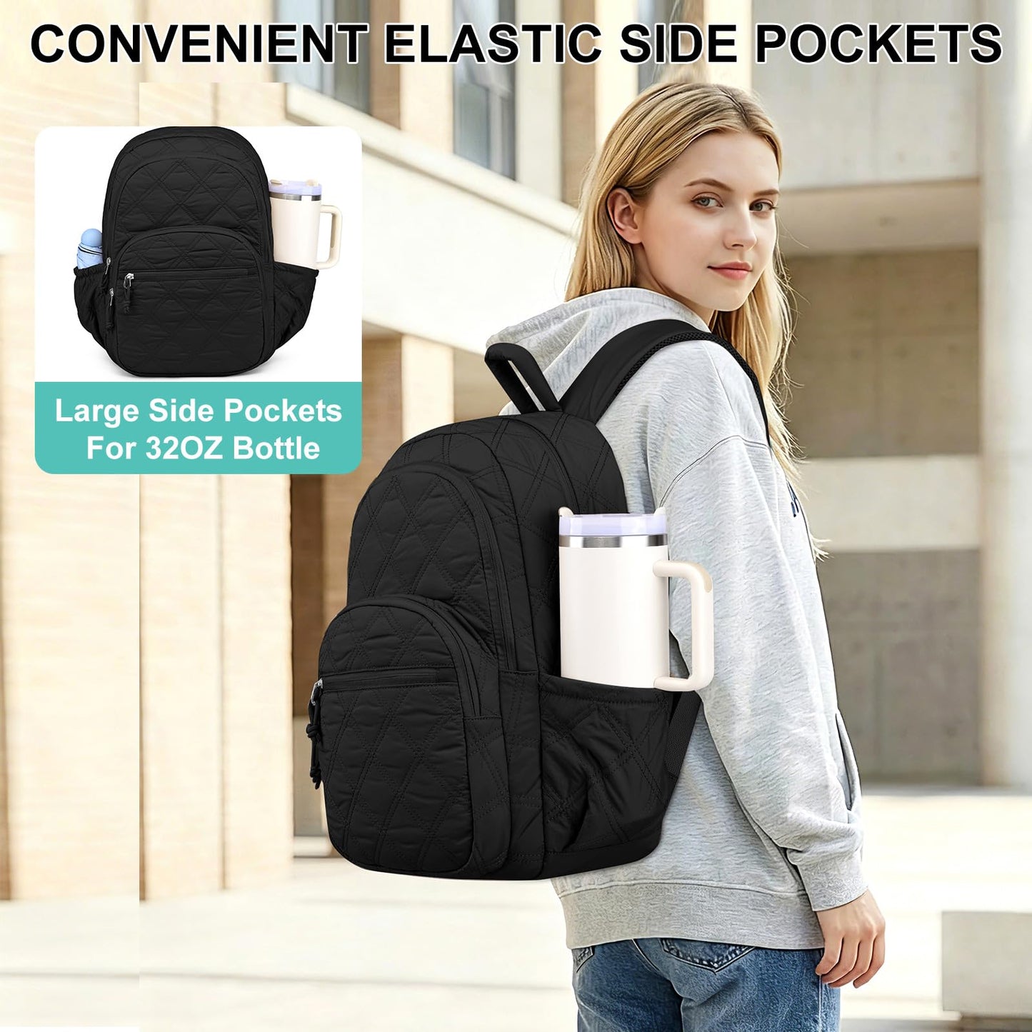 LIVUWERK Travel Backpack for Women Bag: Quilted 15.6 Inch Laptop Backpacks College School Bookbag Lightweight Casual Daypack Water Resistant Computer Backpacks for Girls Students Teacher Work Black