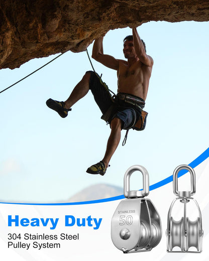 Rocaris 4 Pcs M50 Lifting Double Pulley Block 304 Stainless Steel Crane Swivel Hook Double Pulley Roller Loading