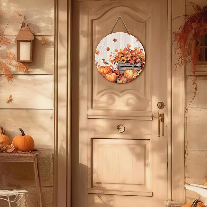 Fall Door Sign Wooden Autumn Pumpkins Door Hanger Maple Leaf Sunflowers Bird Sign for Outdoor Porch Wall Fall Harvest Hanging Decorations