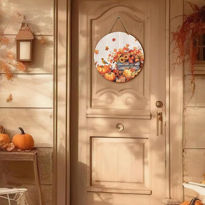 Fall Door Sign Wooden Autumn Pumpkins Door Hanger Maple Leaf Sunflowers Bird Sign for Outdoor Porch Wall Fall Harvest Hanging Decorations