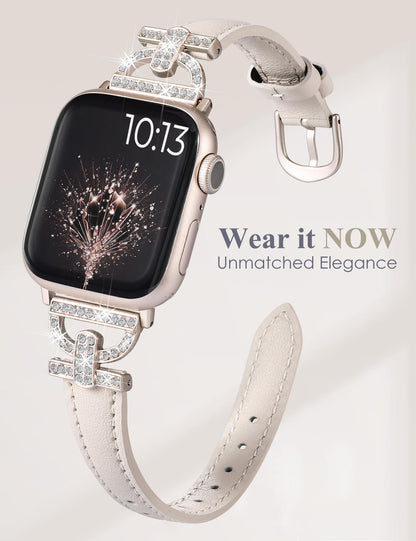 TOYOUTHS Leather Band Compatible with Apple Watch Band Women 42/41/40/38mm Dressy Slim Thin Strap with D-Shaped Diamond Metal Buckle Bracelet for iWatch Series 11 10 9 8 7 6 5 4 SE 3 2 1, Starlight