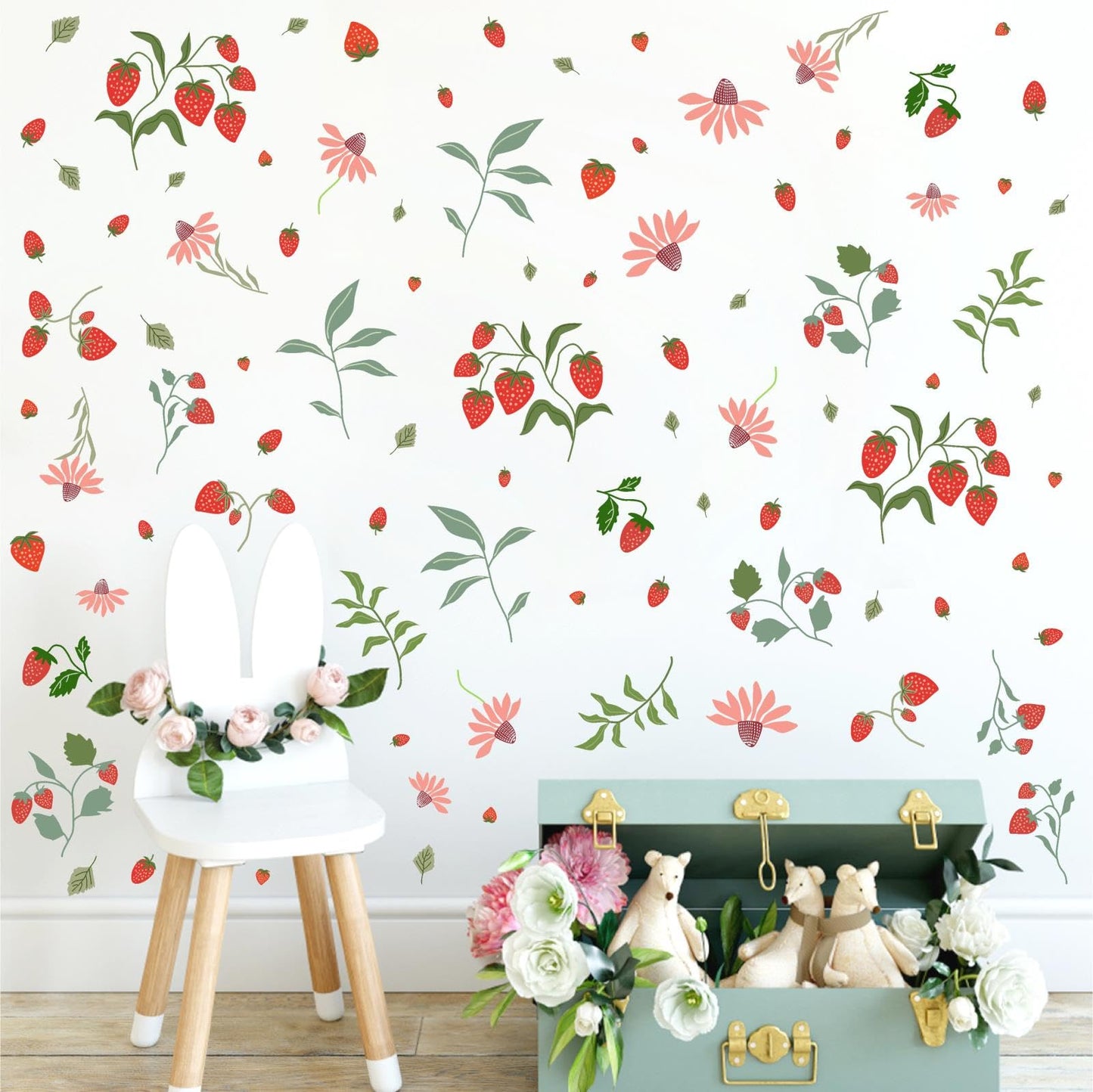 Strawberry Wall Decals Berry Fruit Wall Stickers Floral Leaf Fruits Leaves Stickers Cute Strawberries Wall Sticker Removable Berries Strawberry Decals for Nursery Girls Room Bedroom Decor