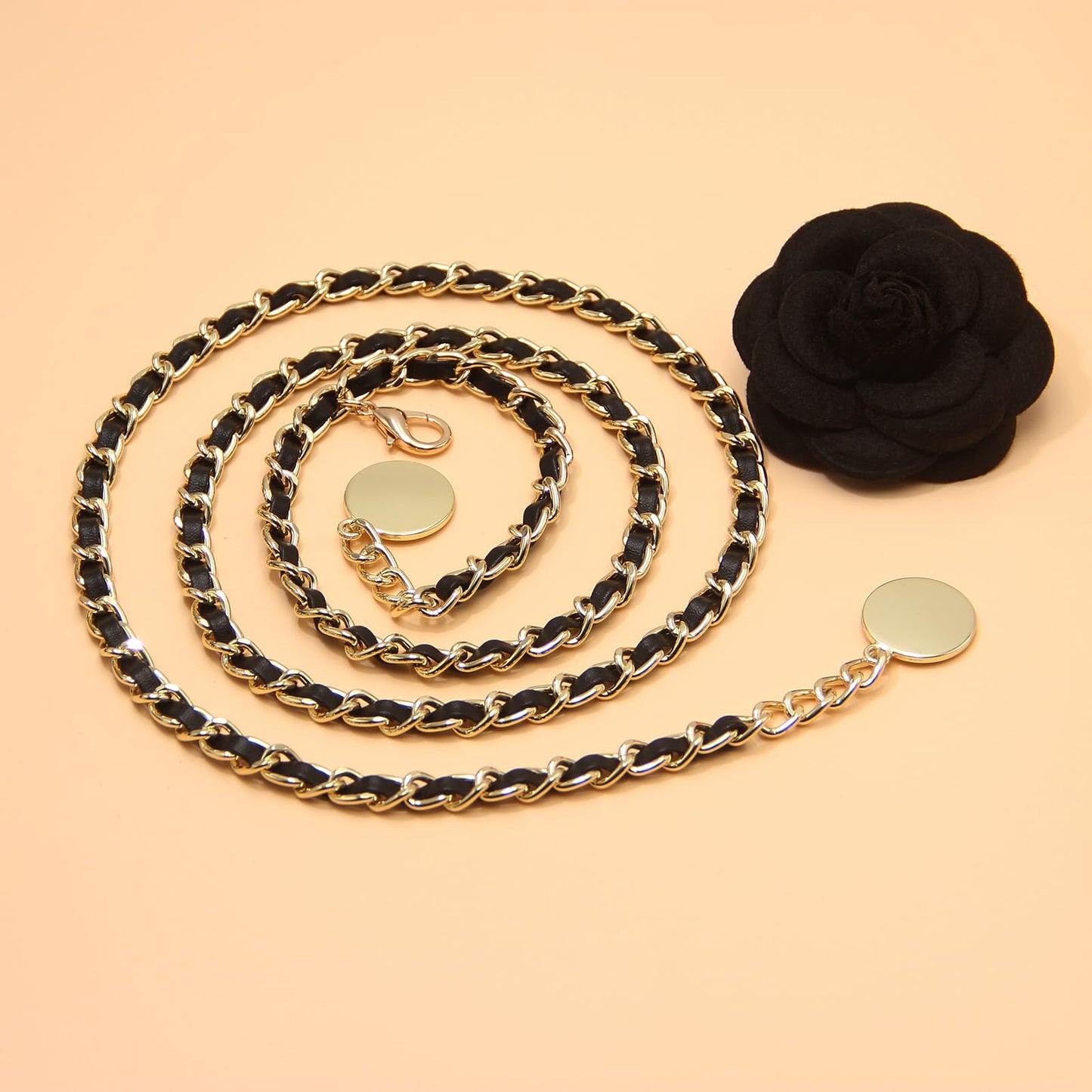 Belly Chain Belt for Women, Metal Waist Chain Body Chain Belt for Clothing Matching (Black, Fit waist up to 32")
