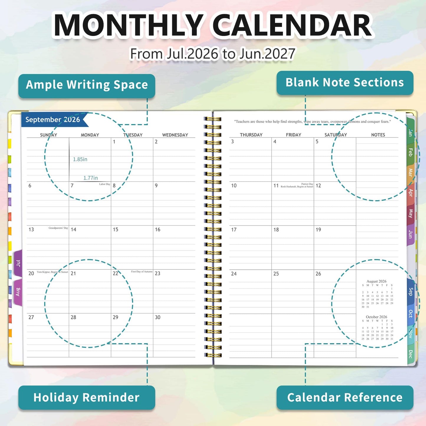 Teacher Planner 2026-2027, July 2026 to June 2027 Academic Year, 8.5" x 11" Lesson Planner Book for Teachers with Colorful Tabs, Hardcover, Color Stripe
