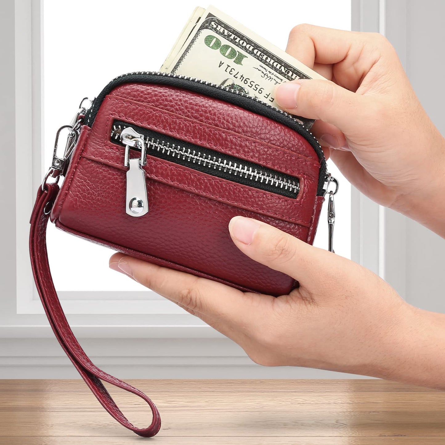 SENDEFN Coin Purse for Women Leather Wristlet Double Zip Around Small Change Pouch