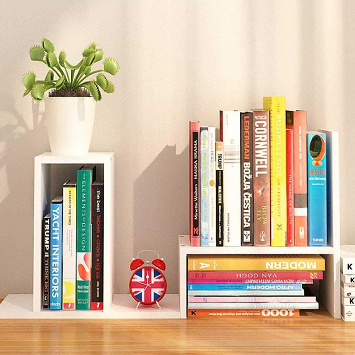 IUSEIT Desktop Shelf Organizer, Adjustable Wood Office Storage Rack, Counter Display Small Bookshelf for Home/Office/School(White)