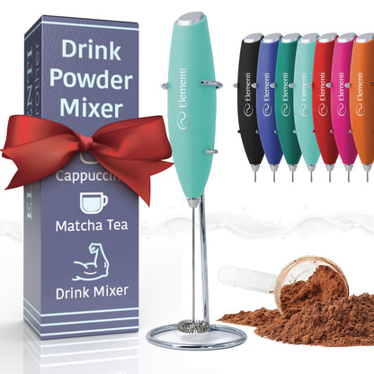 Elementi Drink Mixer Handheld - Electric Drink Stirrer for Powder Drinks - Protein Powder Mixer Wand & Frother - Hand Frother with Stand (Mint Green)