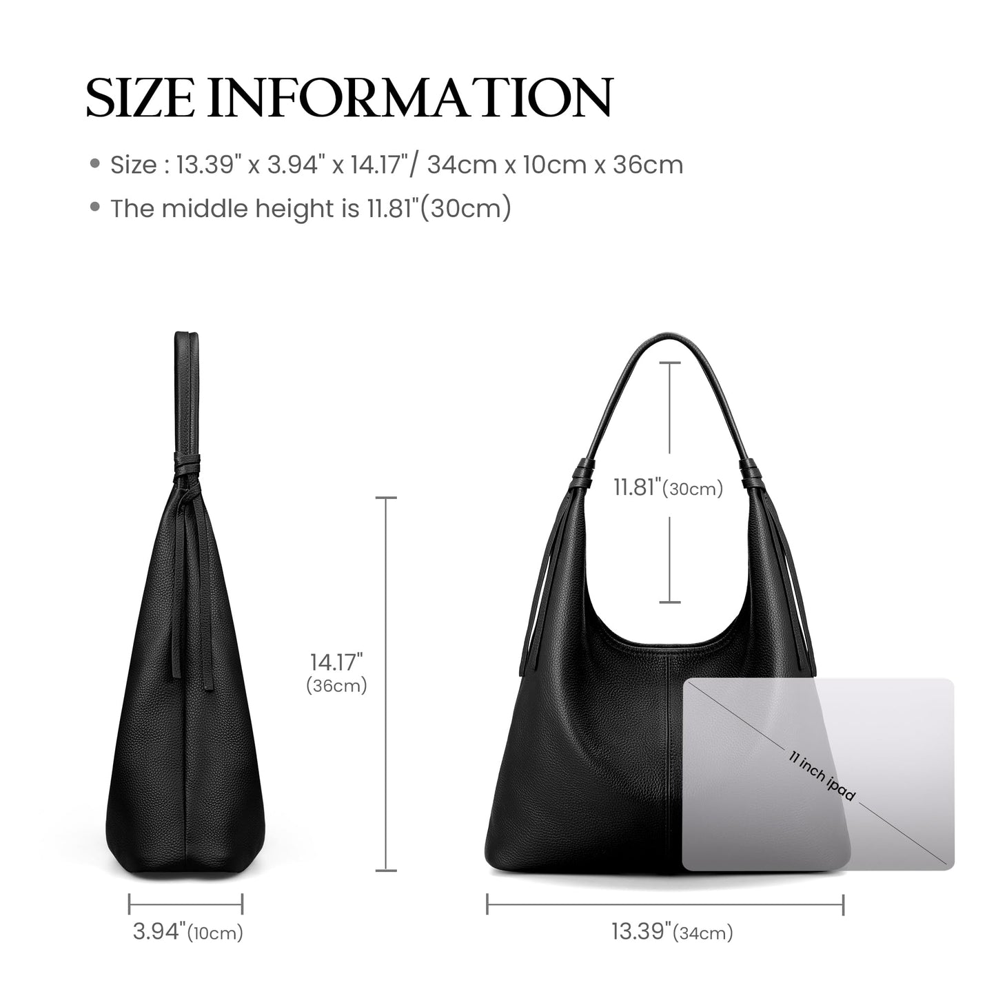befen Genuine Leather Slouchy Hobo Purses for Women, Casual Hobo Bags Real Top Grain Leather Tote Handbags Women's Black Shoulder Satchel for Shopping, Outing, Travel