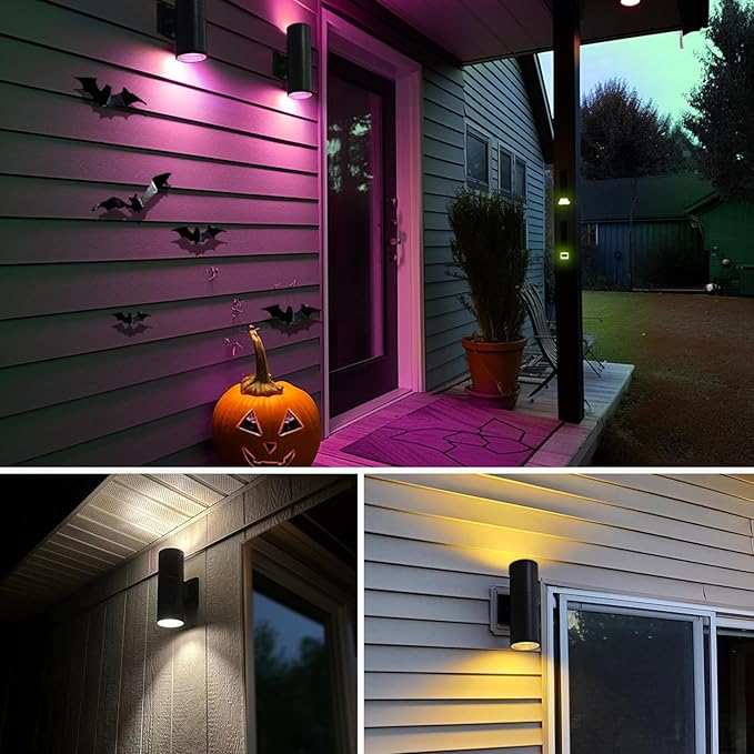 Exterior Double Up Down Outdoor Wall Lights, Mi.Light Remote Control RGB Color Changing 1200lm Warm White 3000k RGB+CCT Cylinder Outdoor Wall Light, Smart LED Exterior Lighting (2 Pack)