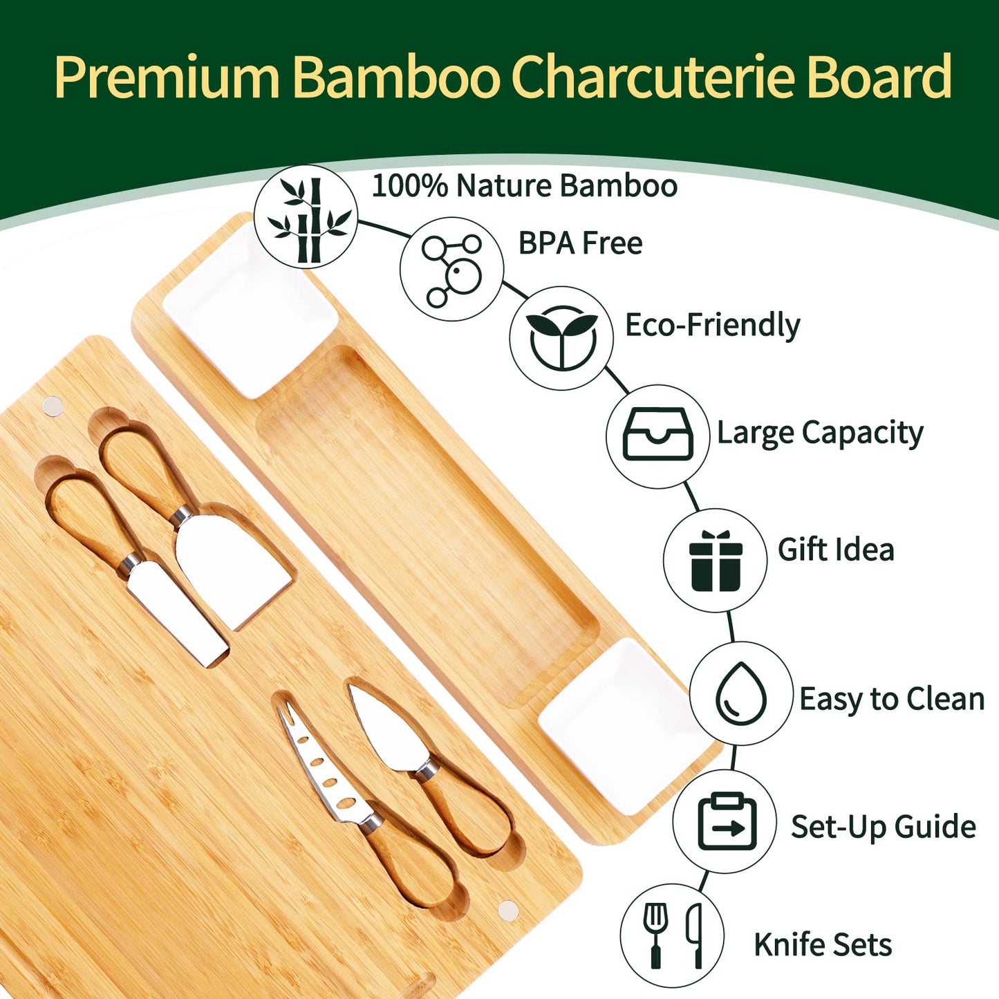 Charcuterie Boards and Knife Set - Bamboo Cheese Board - Wine Meat Cheese Tray Platter - Unique Housewarming Gifts, Anniversary Wedding Gifts for Couple, Bridal Shower Gift