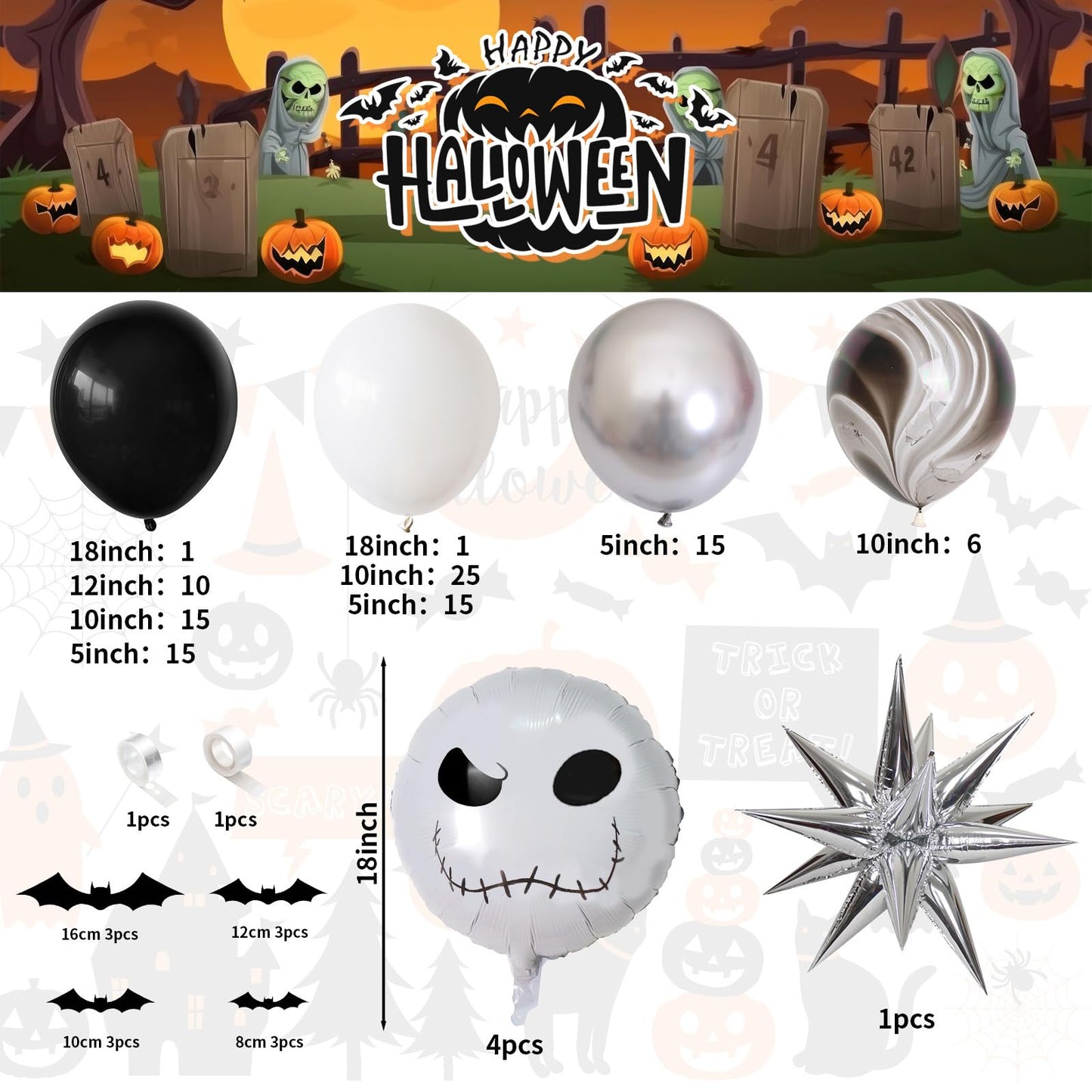 Halloween Balloon Arch Kit, Black White Skeleton Balloons Halloween Decorations Balloon Garland with Explosion Star Skull Foil Balloons for Haunted House Party Decorations