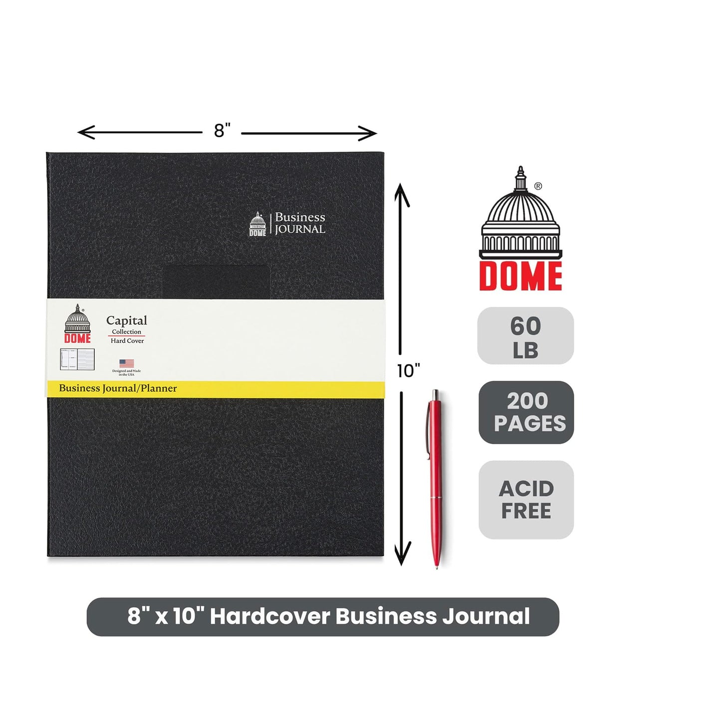 DOME Business Journal – 8 x 10 Inch Hardcover Professional Planner Notebook with Metal Coil Binding, Stickers & Organizational Guide, 200 Pages, Premium Acid-Free 60-lb Paper, Made in USA (8 x 10)