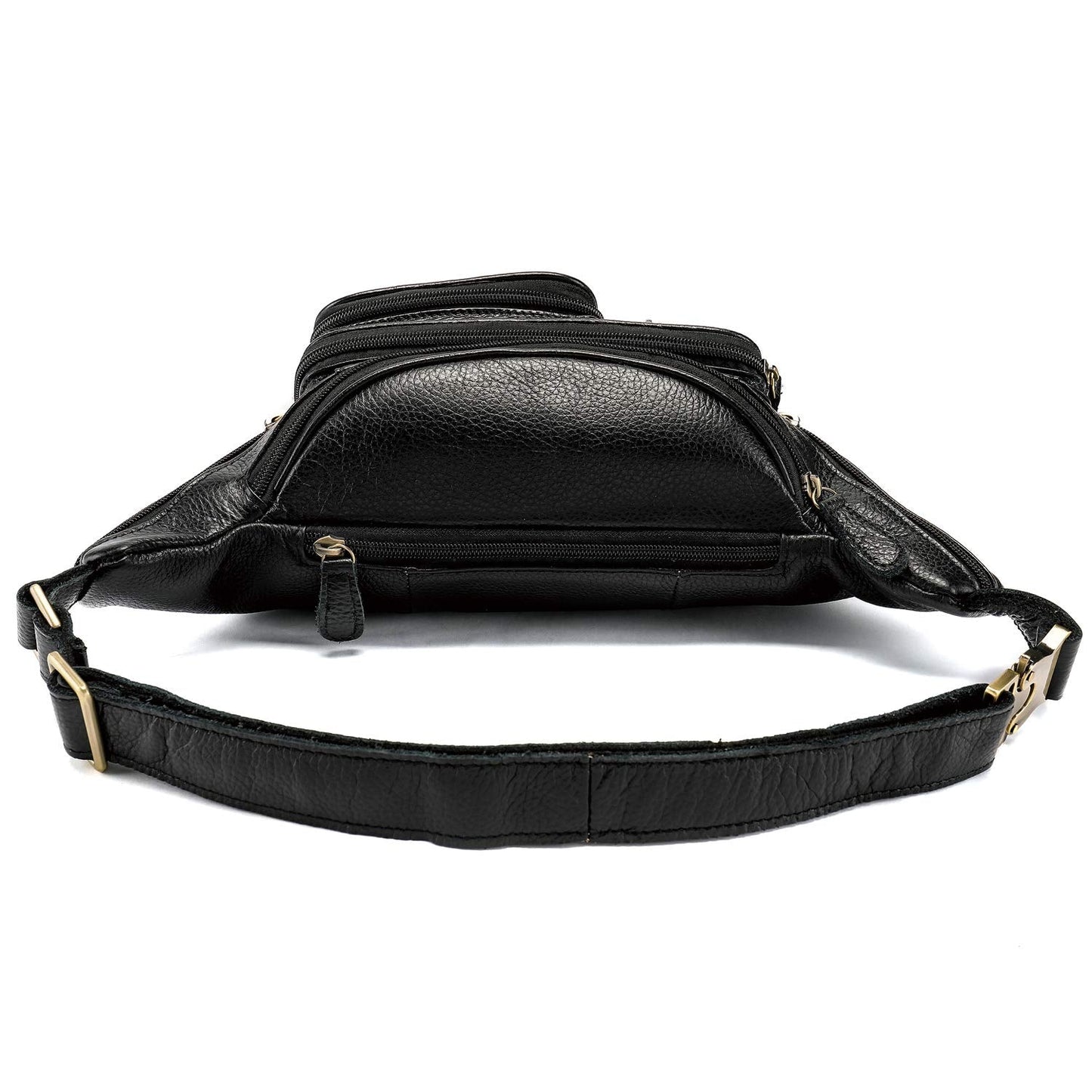 Genuine Leather Fanny Pack large capacity Crossbody Waist Bag with Zipper phone Pockets black