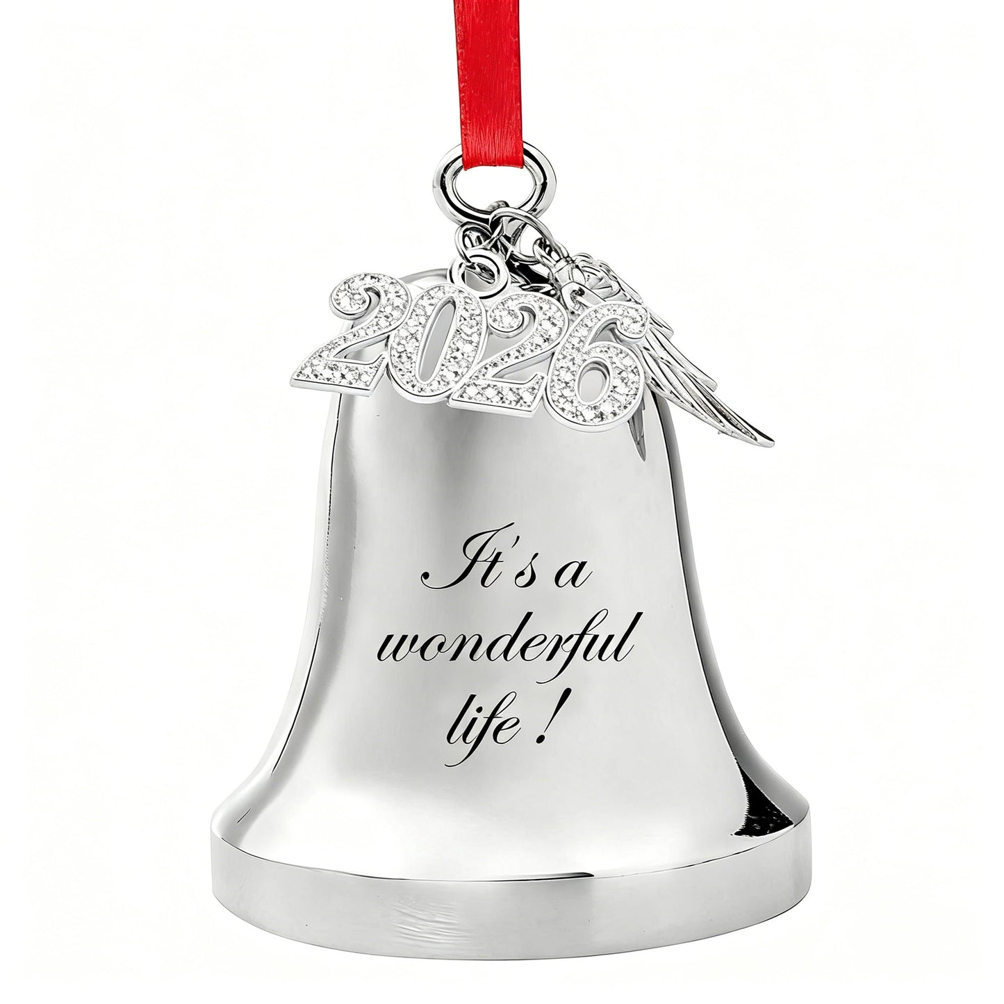WANSHUNLMI It's a Wonderful Life Christmas Bell Ornament, Silver Metal, 2.9 x 2.4 inch, Real Bell with 2026 and Wing Charm Accent (It's a Wonderful Life)