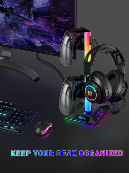 V VCOM RGB Gaming Headphones Stand with 2 USB Ports Headset Stand with 10 Light Modes and Non-Slip Rubber, Suitable for All Earphone Accessories, Best Gift for Husband, Kids, Boyfriend