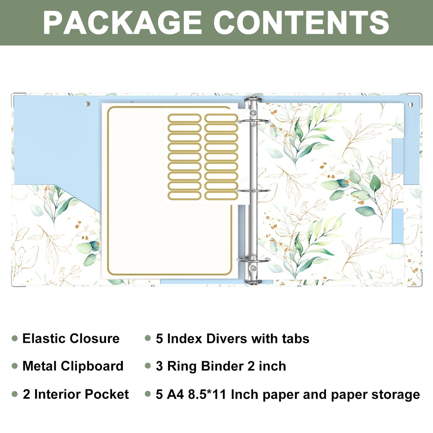 Rouidr 3 Ring Binder, 2 Inch Round Ring Binder Organizer with Clipboard, 5 Dividers Tabs, A4 8.5 x 11 Inch Paper & Clear Sleeves for School, Office Supplies, Leaves